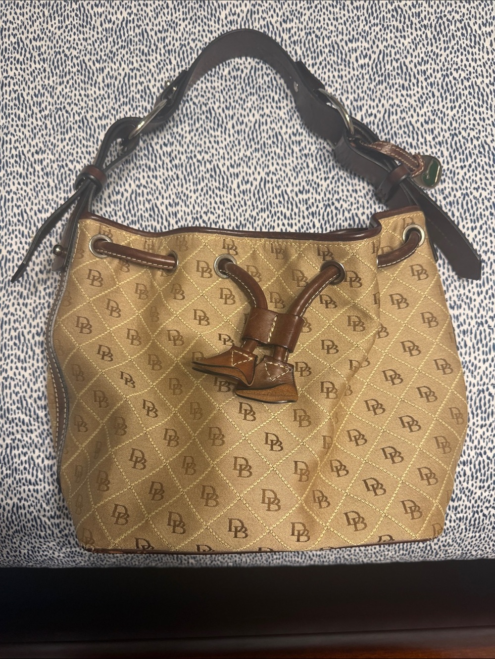 Dooney & Bourke Brown Tan Monogram Drawstring Shoulder Bag